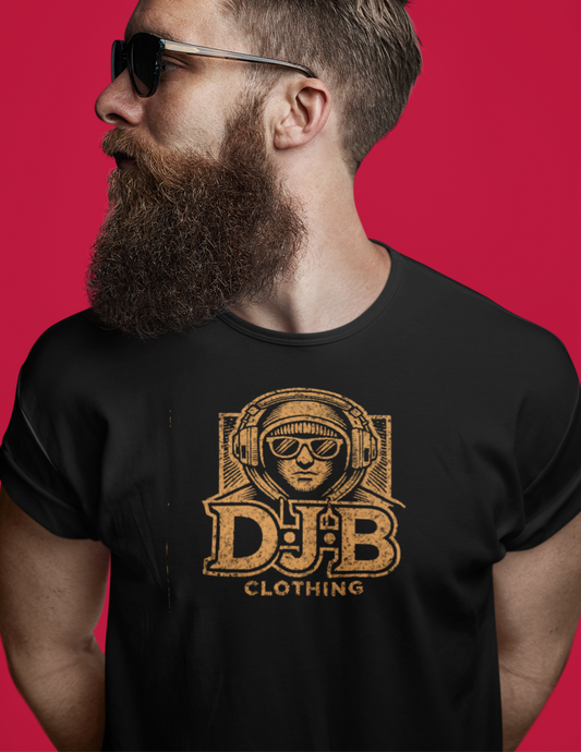 Photo of A man wearing Mens Black t-shirt With bleached DJ Beard Clothing logo